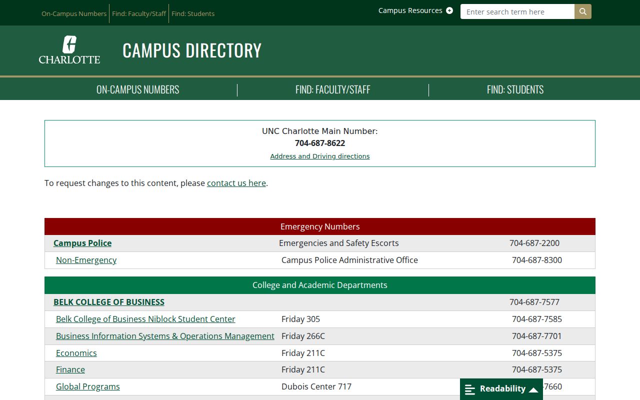 Charlotte people directories search at UNC Charlotte