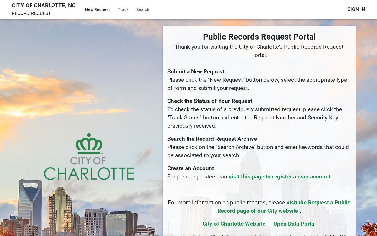 Charlotte public records request form in JustFOIA